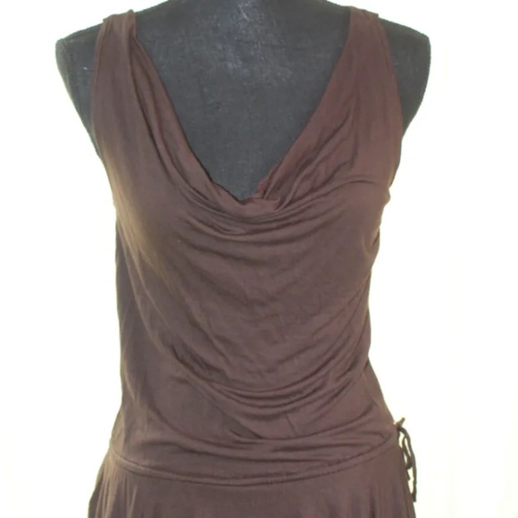 Dark Brown Elfin-style Sleeveless Cowl Neck Drop Tie Waisted Tunic Top - Picture 1 of 6